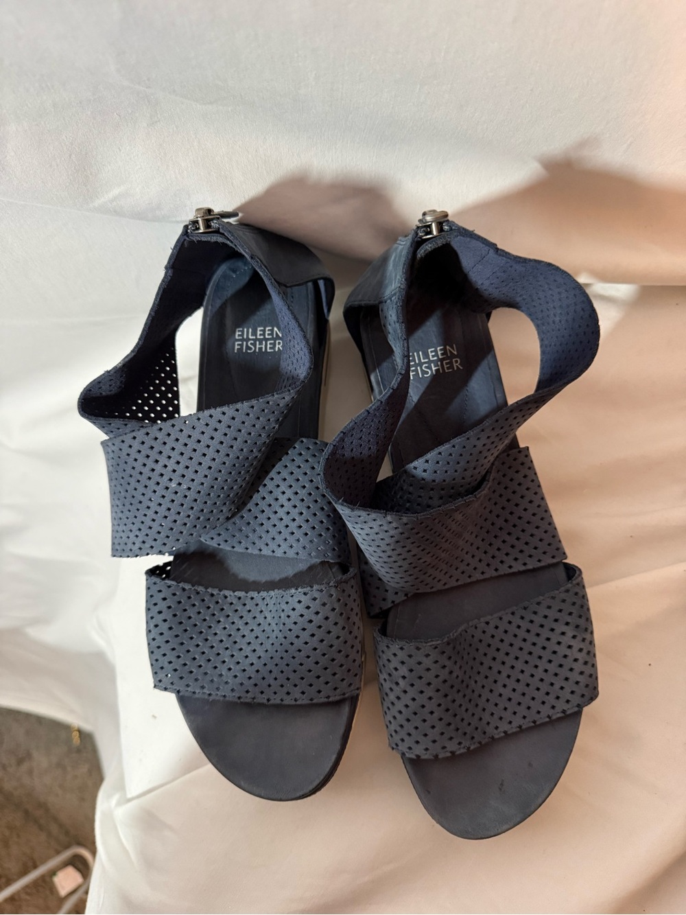 Eileen Fisher Sport Sandals Womens 8.5 Blue Nubuck Leather Platform Zip